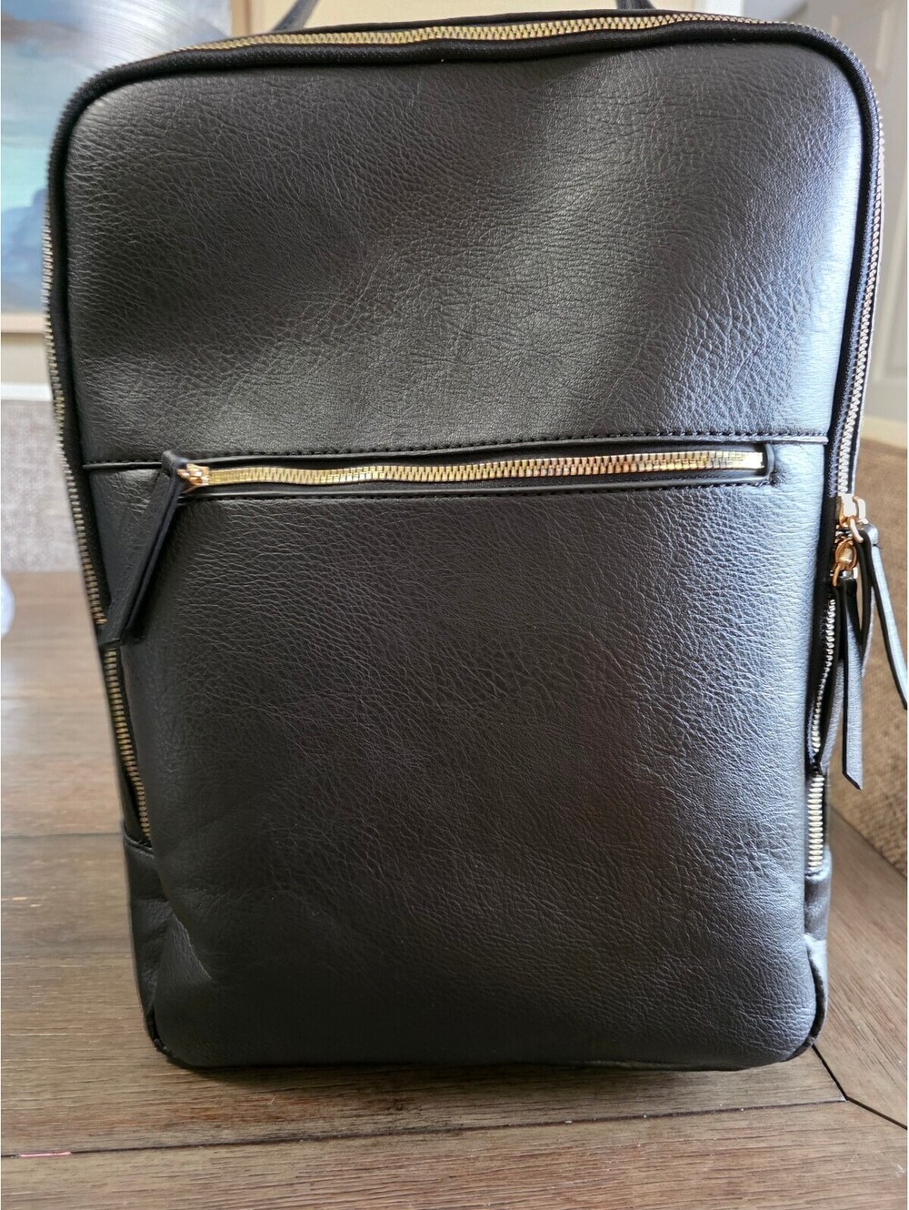 Black Faux Leather Kate and Alex Buffalo Laptop Backpack with Gold Zipper Detail
